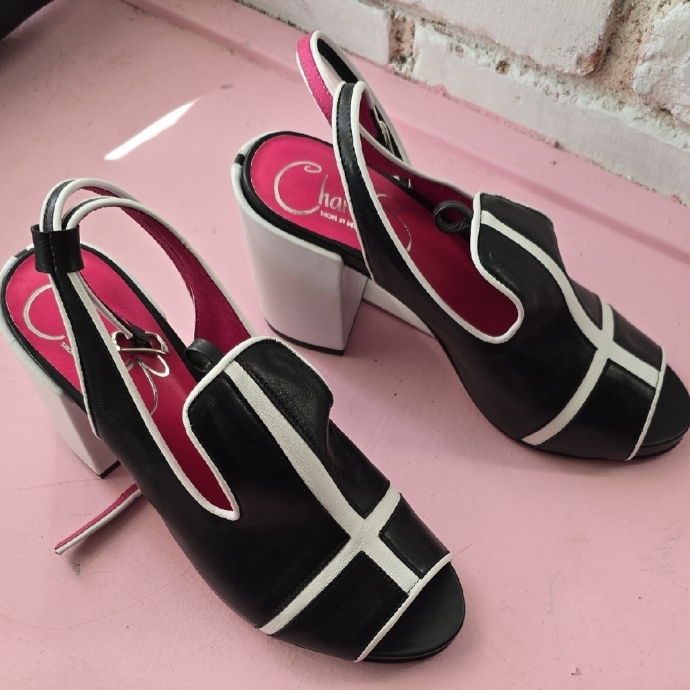 Black and White Open-Toe Slingback Heels peep toe mod ankle strap chunky - Picture 3 of 4